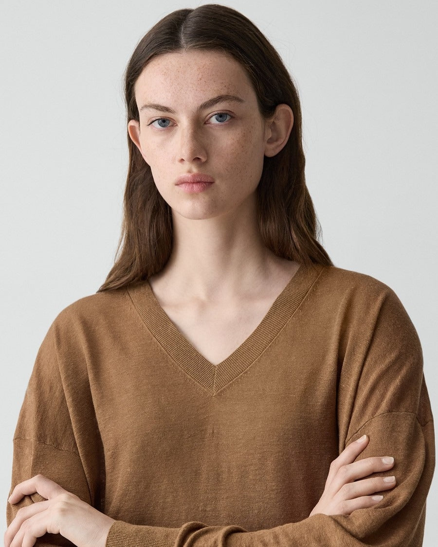 Oversized V-Neck Sweater in Linen Knit