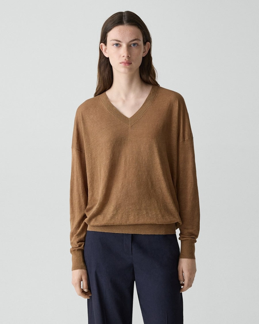 Oversized V-Neck Sweater in Linen Knit