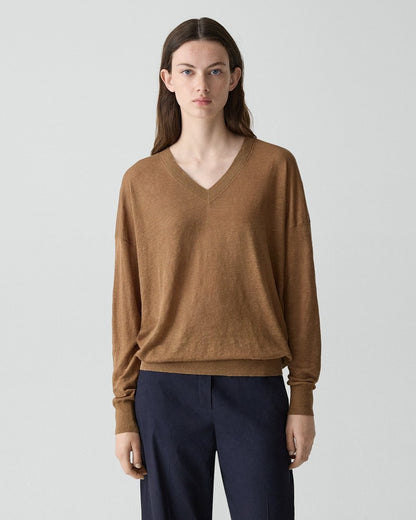 Oversized V-Neck Sweater in Linen Knit