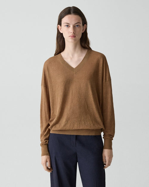 Oversized V-Neck Sweater in Linen Knit