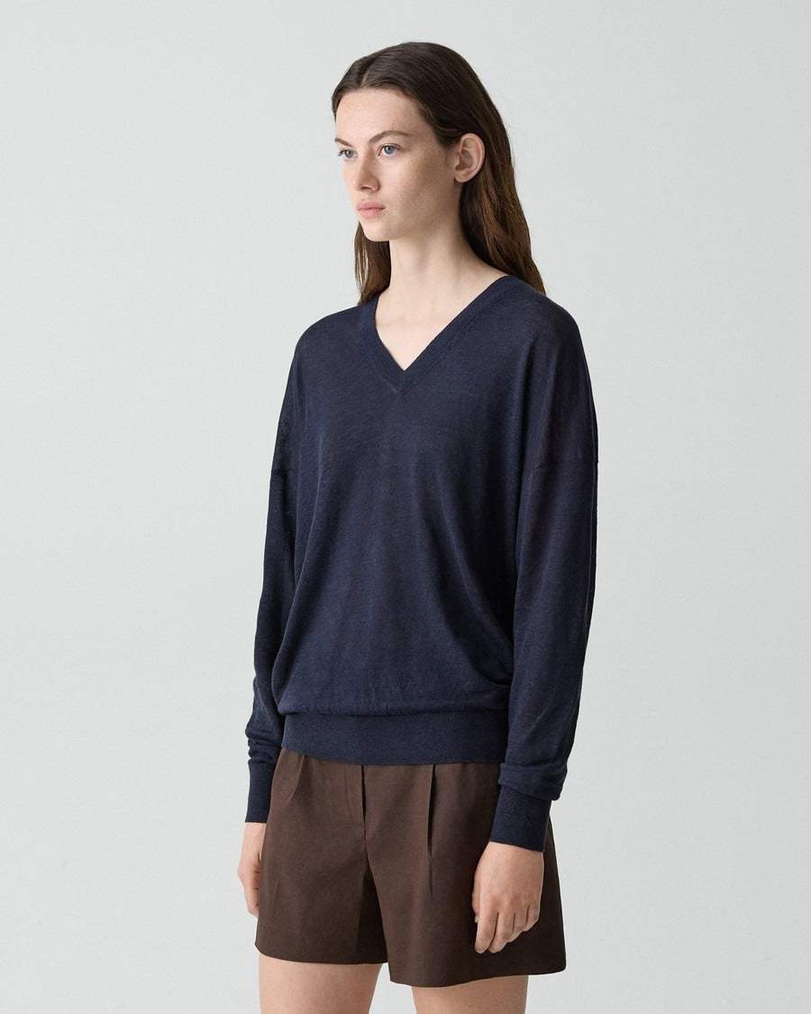 Oversized V-Neck Sweater in Linen Knit