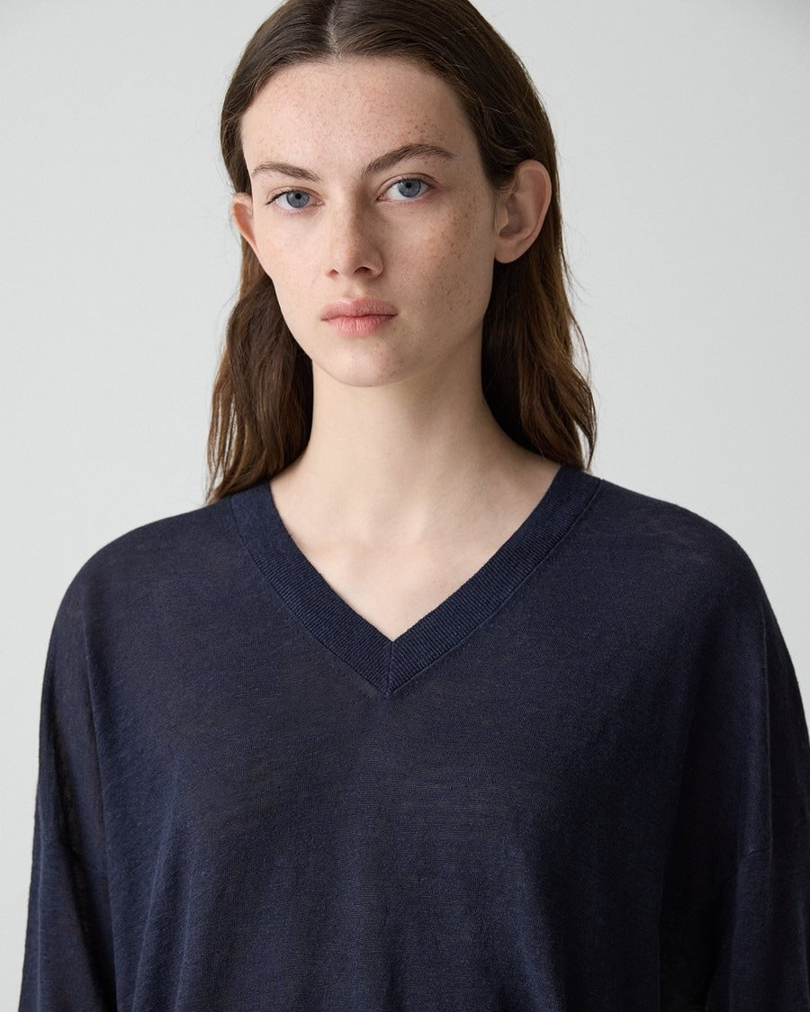 Oversized V-Neck Sweater in Linen Knit