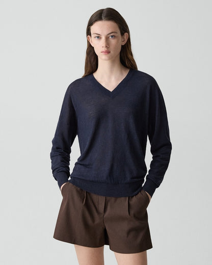 Oversized V-Neck Sweater in Linen Knit
