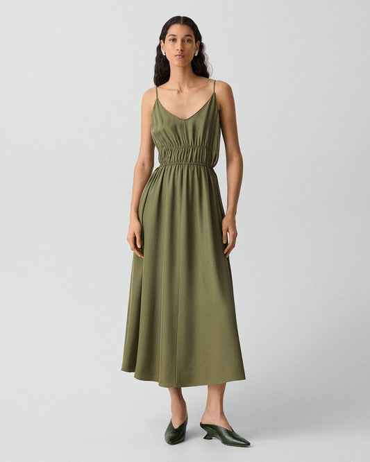Gathered V-Neck Dress in Washed Twill