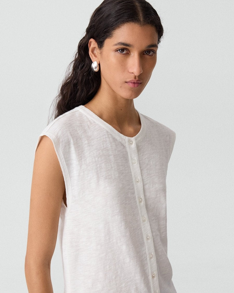 Crewneck Button-Up Top in Organic Slub Cotton