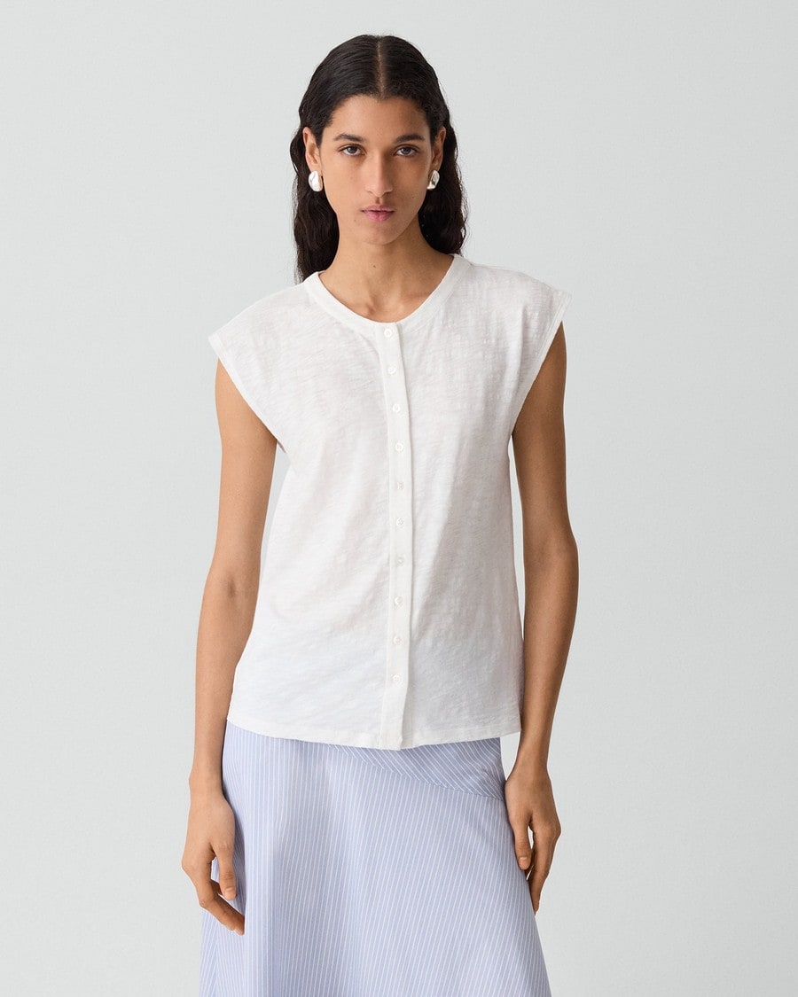 Crewneck Button-Up Top in Organic Slub Cotton