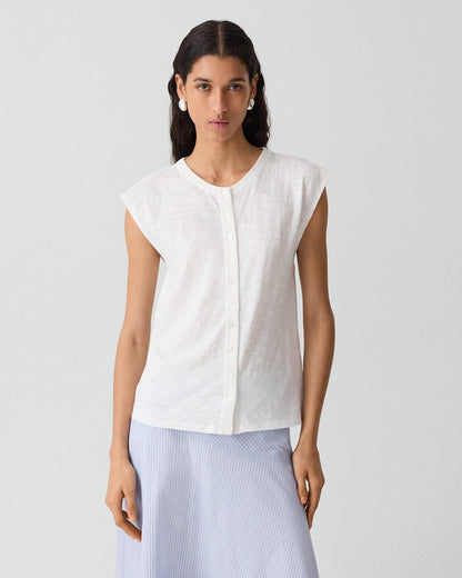 Crewneck Button-Up Top in Organic Slub Cotton