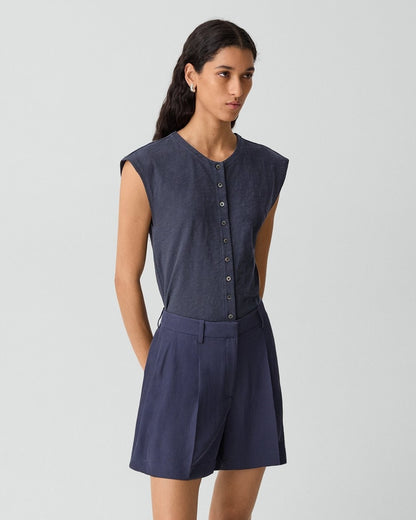 Crewneck Button-Up Top in Organic Slub Cotton