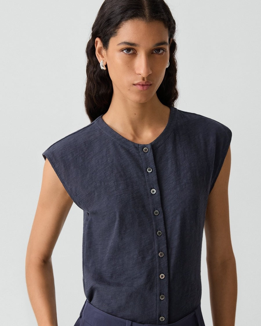 Crewneck Button-Up Top in Organic Slub Cotton