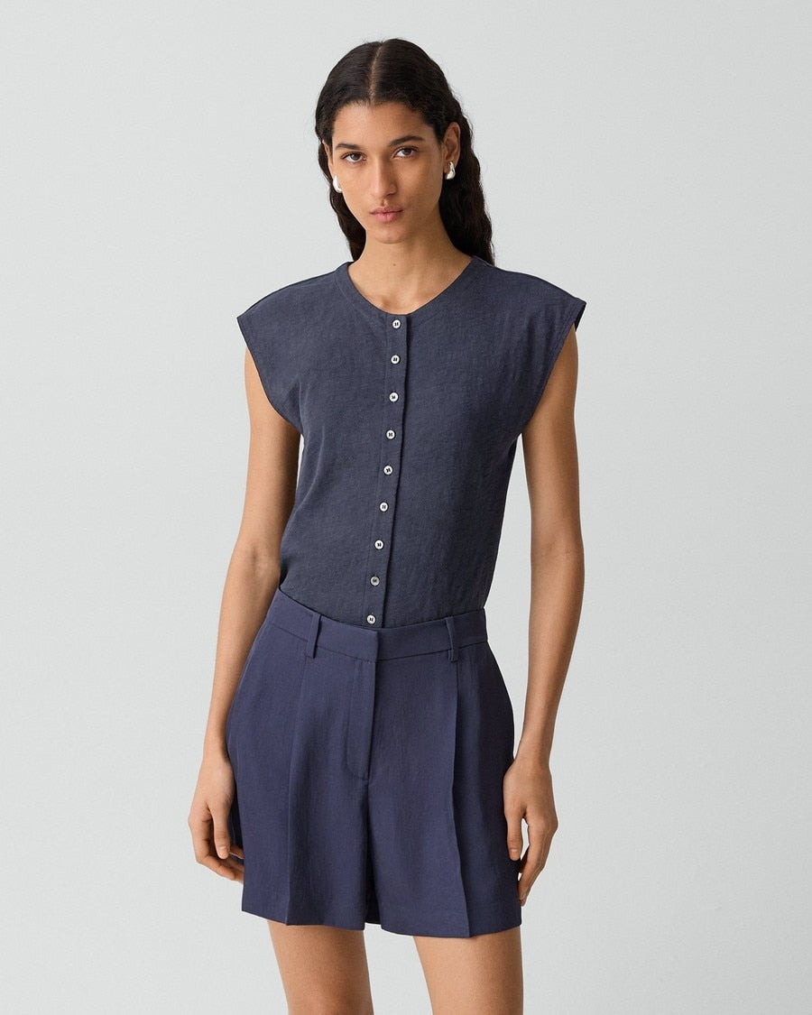 Crewneck Button-Up Top in Organic Slub Cotton