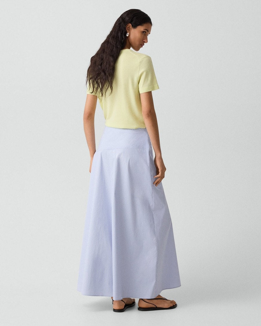Angled Yoke Skirt in Striped Cotton-Blend
