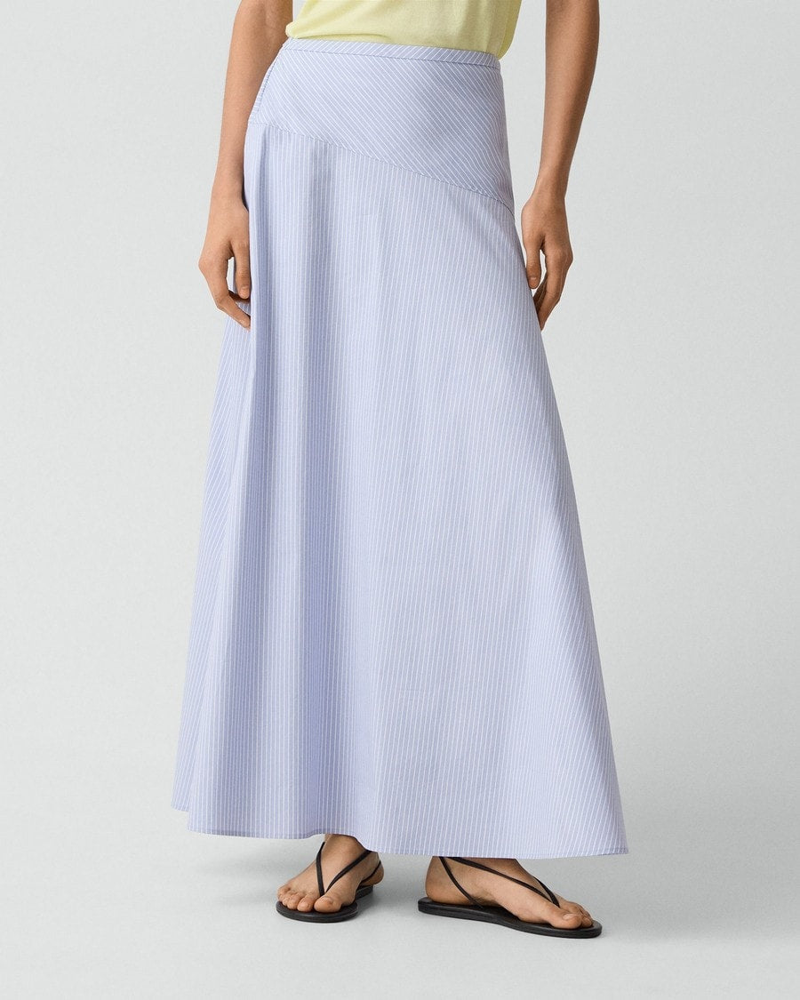 Angled Yoke Skirt in Striped Cotton-Blend