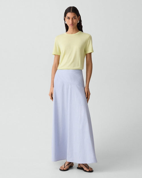 Angled Yoke Skirt in Striped Cotton-Blend