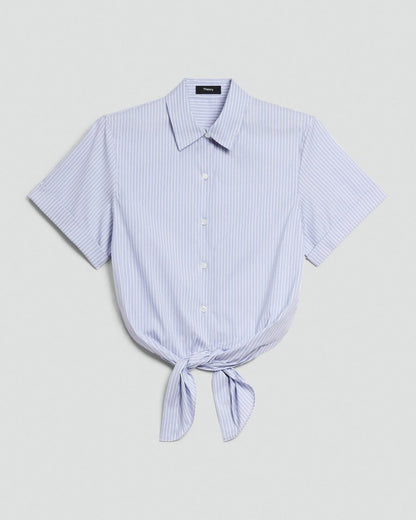 Tie-Front Shirt in Striped Cotton-Blend
