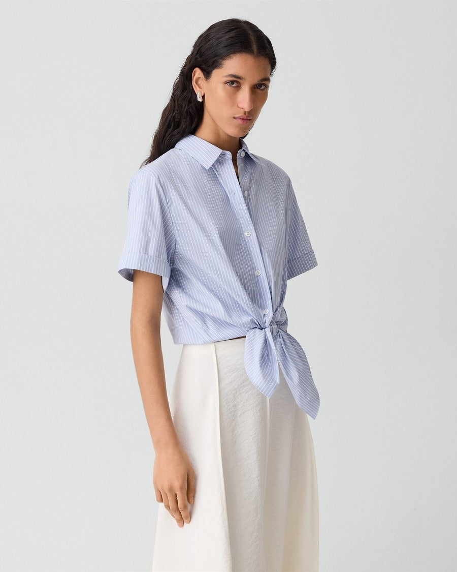Tie-Front Shirt in Striped Cotton-Blend