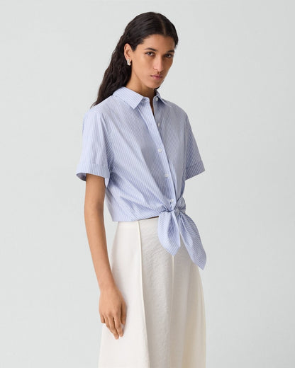 Tie-Front Shirt in Striped Cotton-Blend