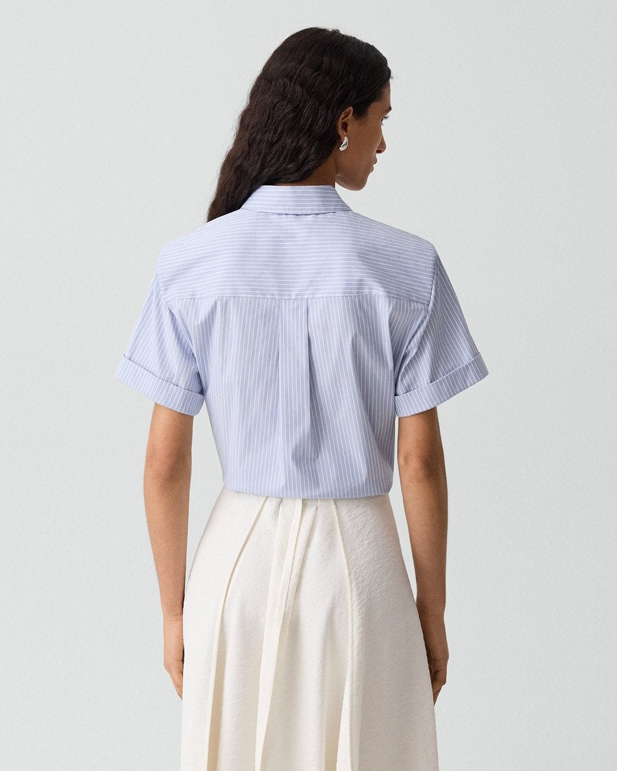 Tie-Front Shirt in Striped Cotton-Blend