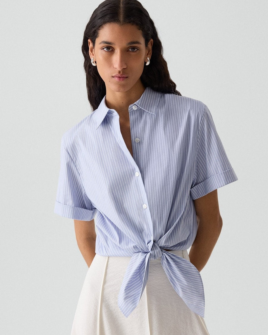 Tie-Front Shirt in Striped Cotton-Blend
