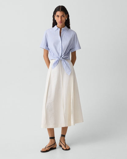 Tie-Front Shirt in Striped Cotton-Blend