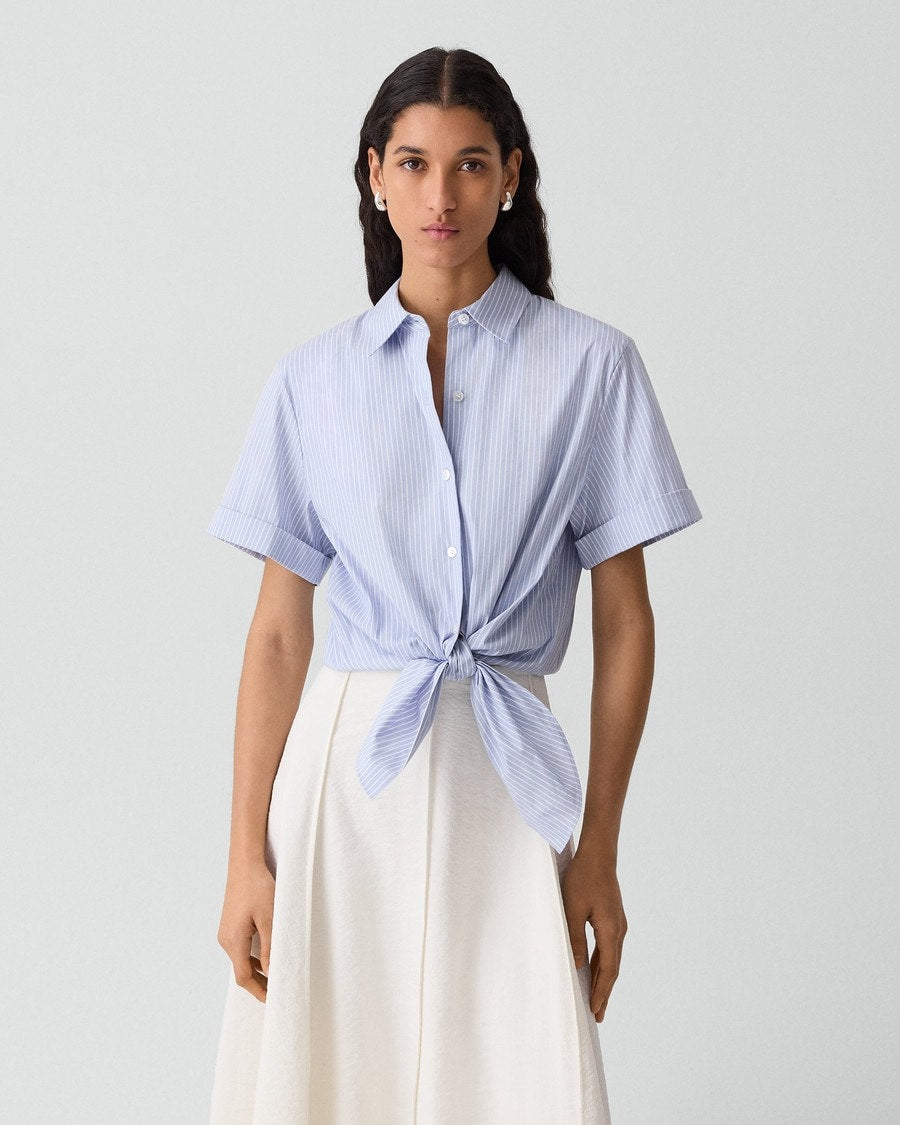 Tie-Front Shirt in Striped Cotton-Blend