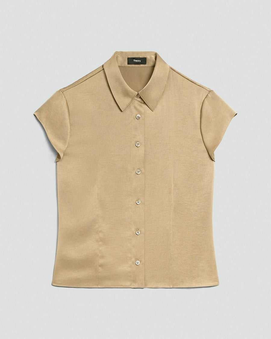 Cinched Cap-Sleeve Shirt in Crushed Satin