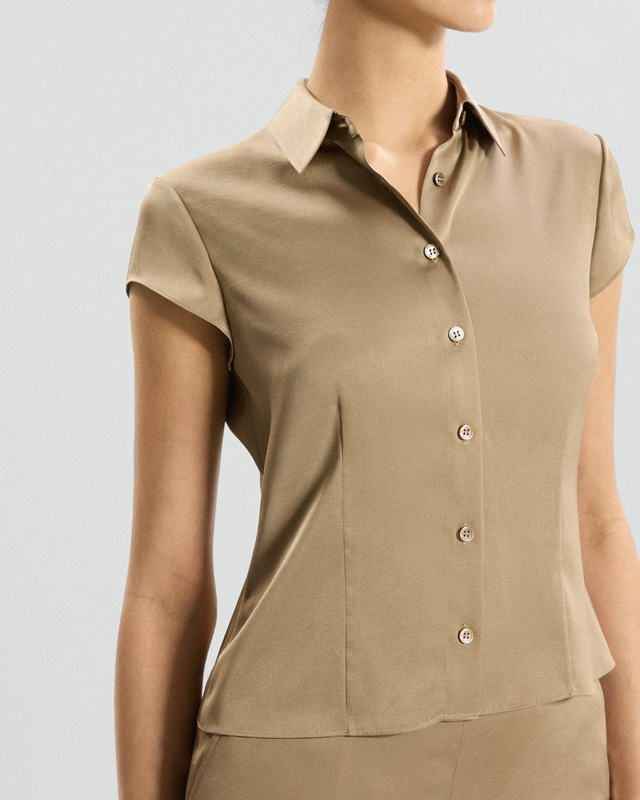 Cinched Cap-Sleeve Shirt in Crushed Satin