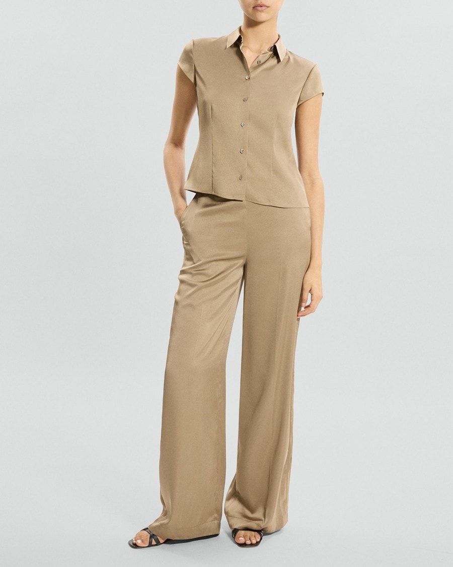 Cinched Cap-Sleeve Shirt in Crushed Satin