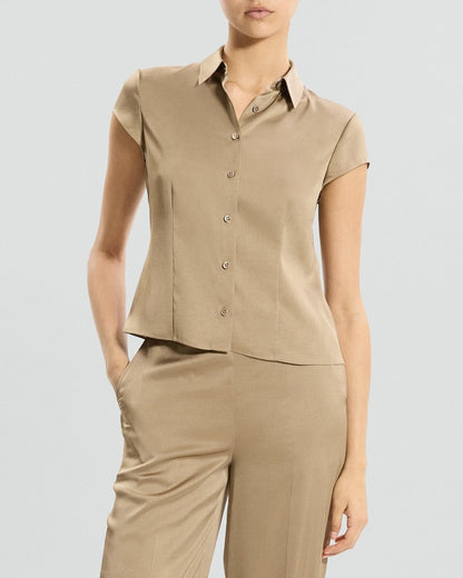 Cinched Cap-Sleeve Shirt in Crushed Satin