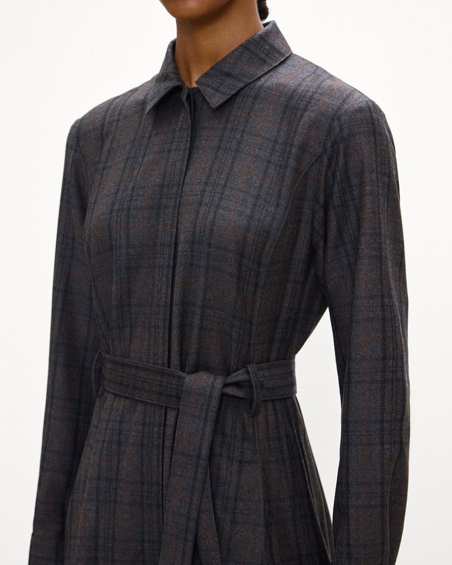 Belted Long-Sleeve Shirt Dress in Sleek Flannel