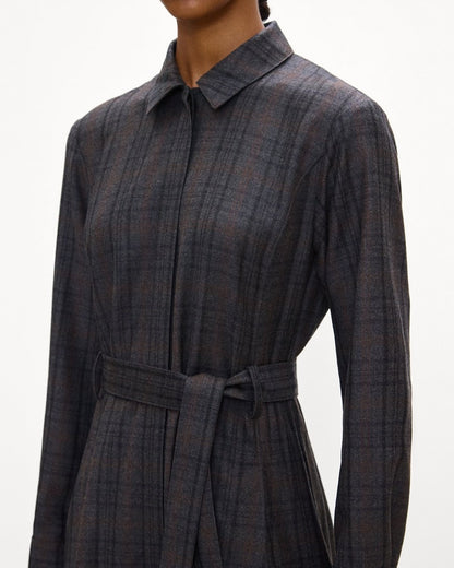 Belted Long-Sleeve Shirt Dress in Sleek Flannel