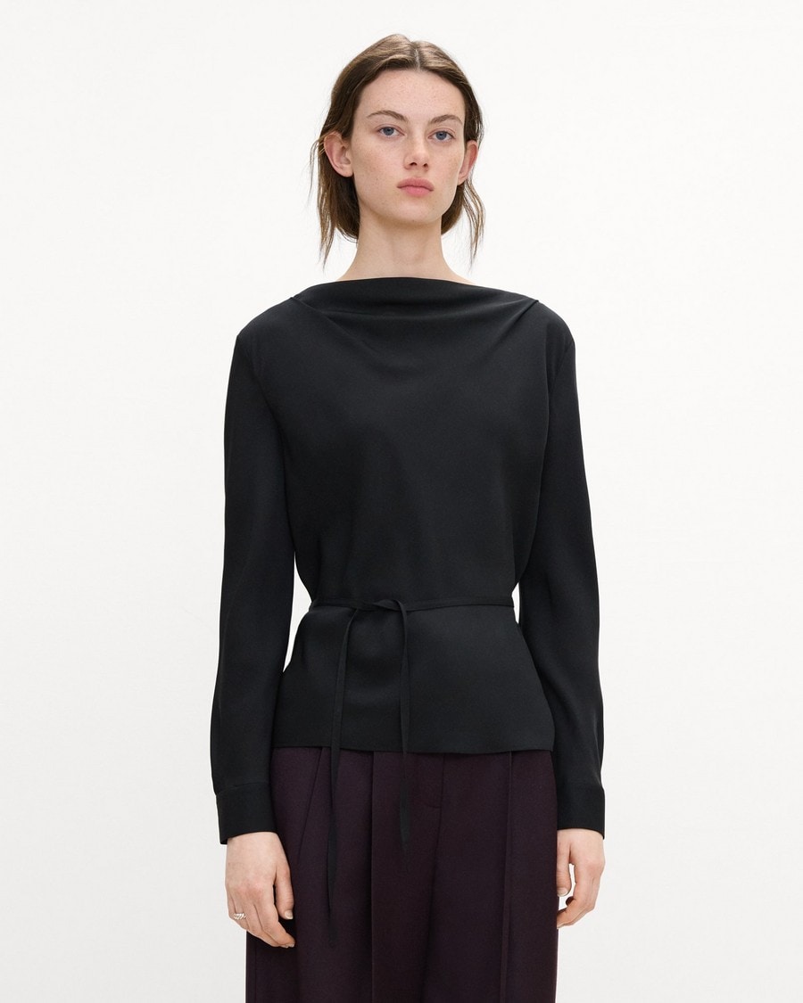 Cowl Neck Long-Sleeve Blouse in Washable Silk Georgette