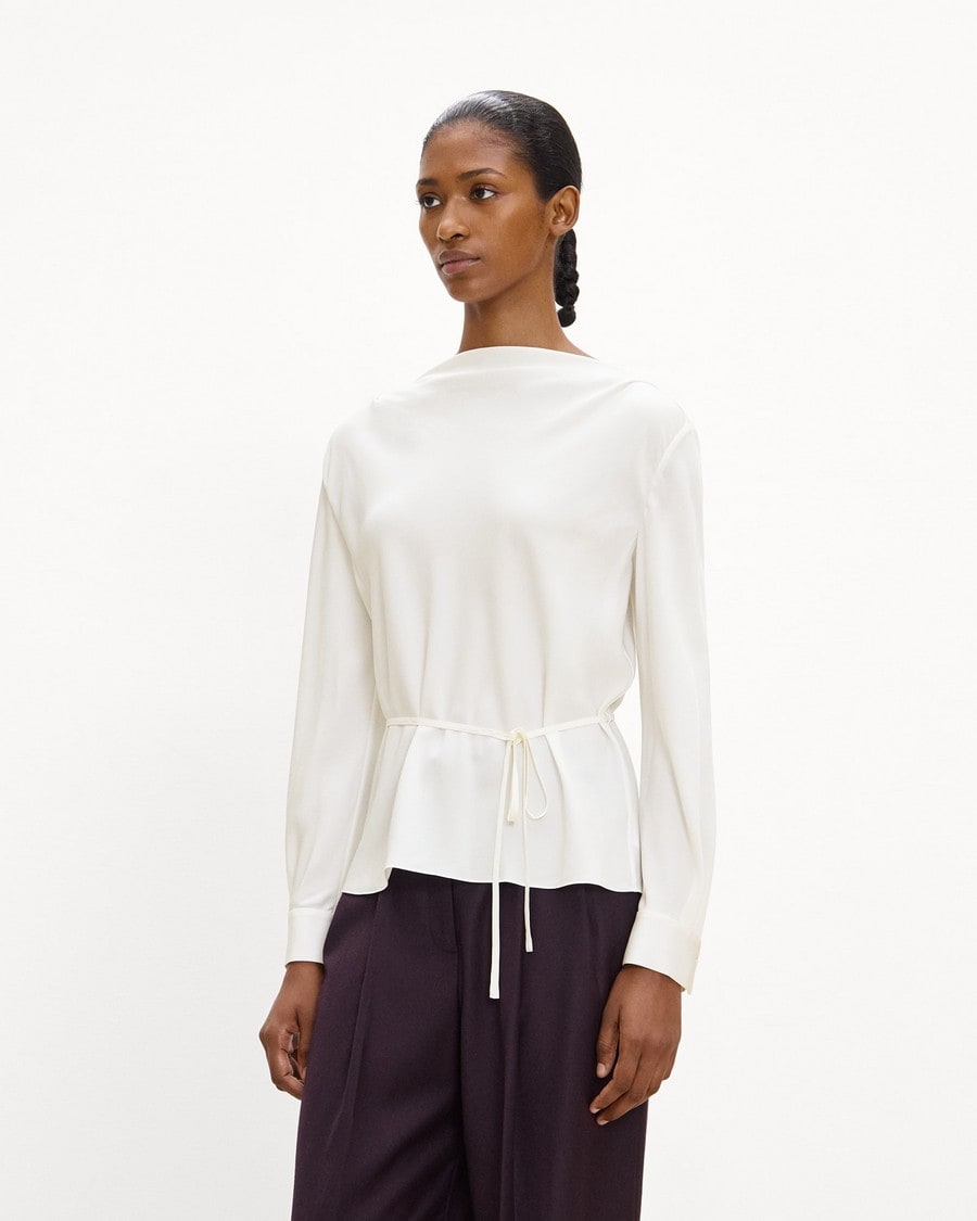 Cowl Neck Long-Sleeve Blouse in Washable Silk Georgette