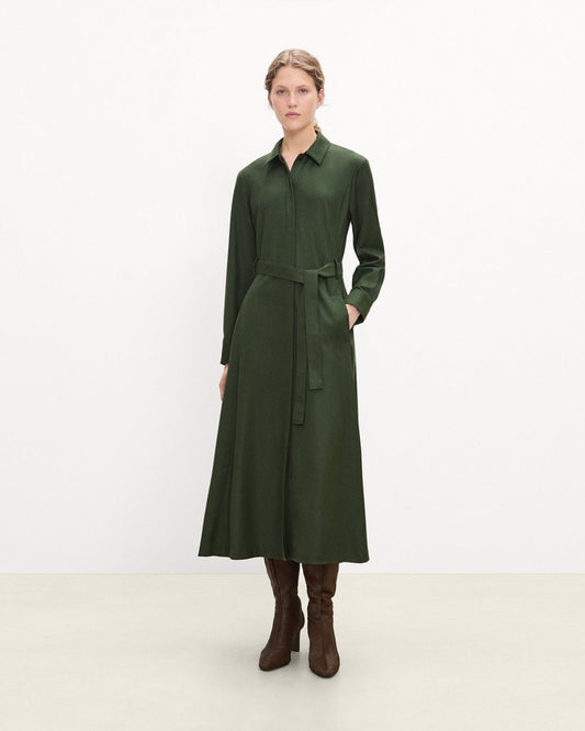 Belted Long-Sleeve Shirt Dress in Sleek Flannel