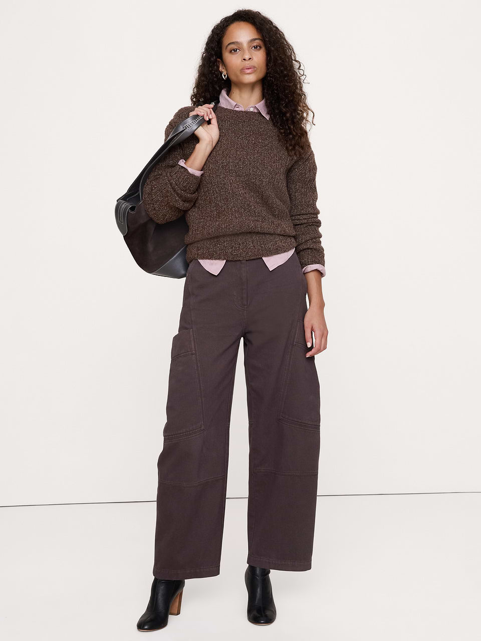 High-Rise Cotton-Linen Barrel Pant - Dark Oak Brown