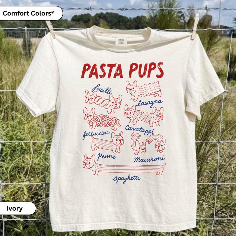 Ivory T-shirt with red pasta-shaped French bulldogs and Pasta Pups lettering