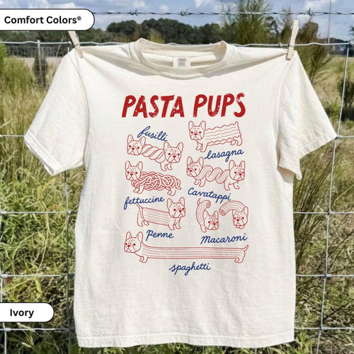 Ivory T-shirt with red pasta-shaped French bulldogs and Pasta Pups lettering