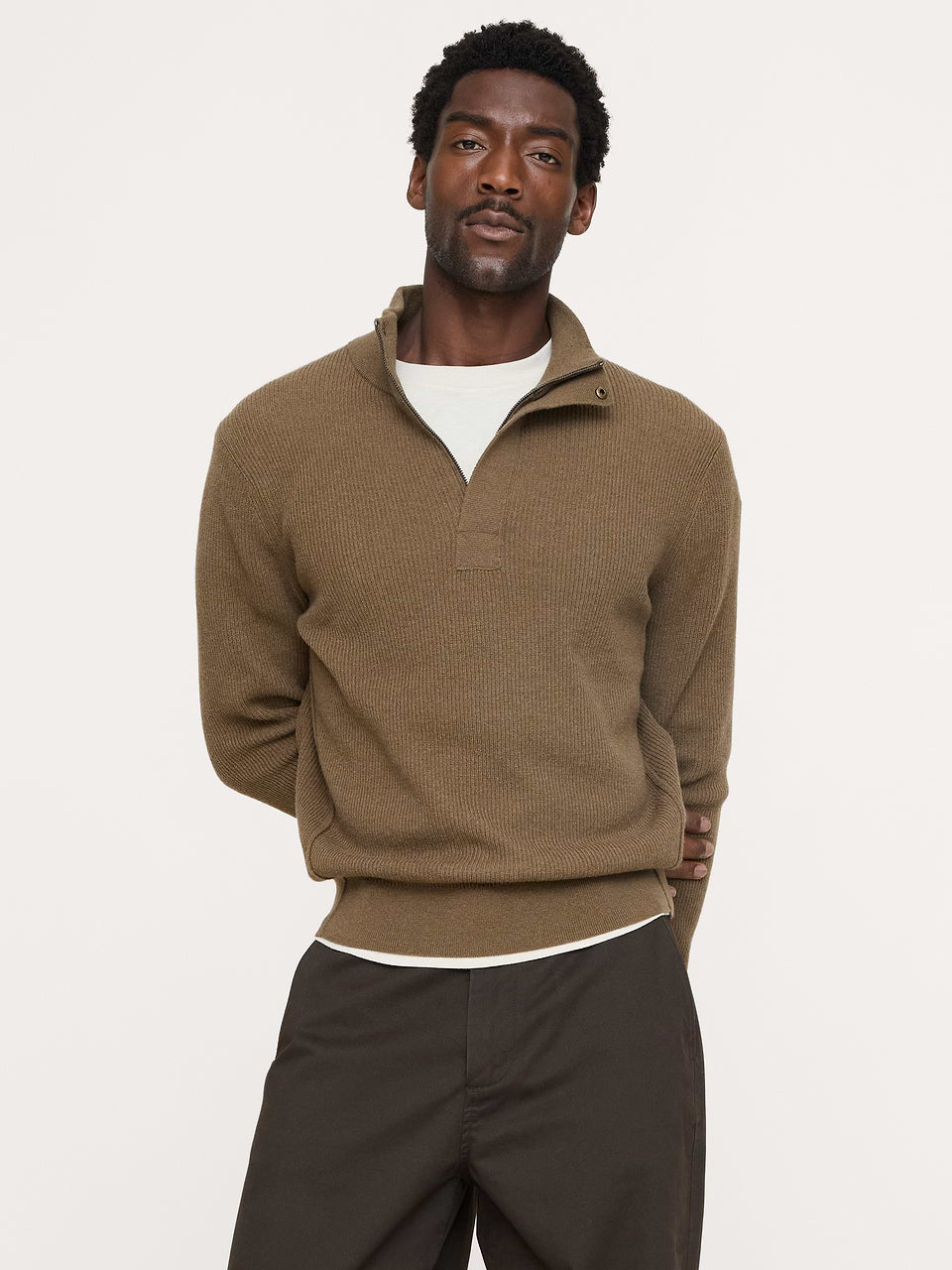 Italian Merino-Blend Quarter-Zip Moto Sweater - Heather Olive Green