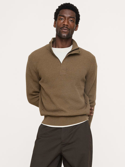 Italian Merino-Blend Quarter-Zip Moto Sweater - Heather Olive Green