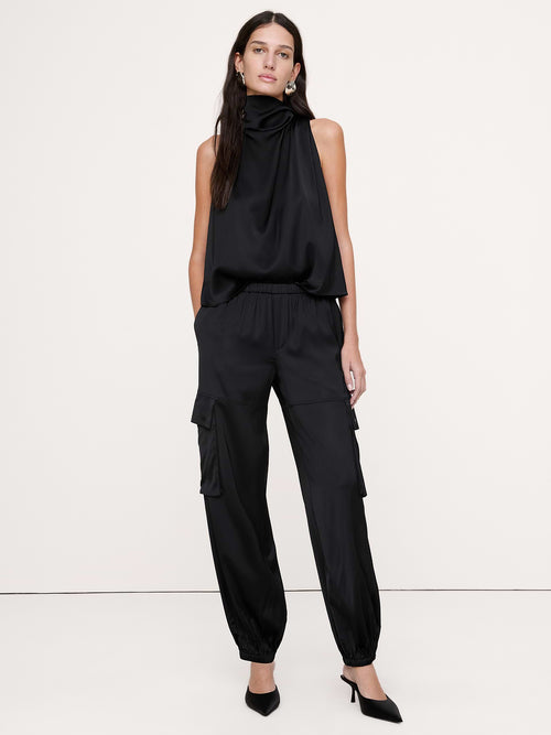 Stretch-Satin Balloon Cargo Pant - Black