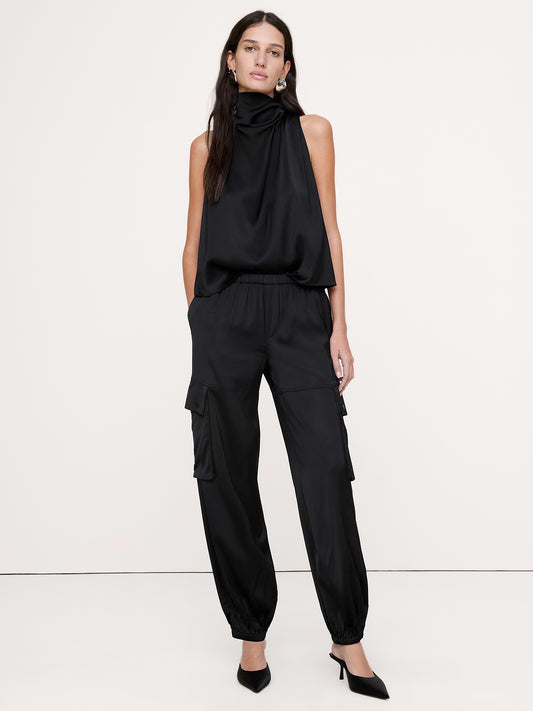 Stretch-Satin Balloon Cargo Pant - Black