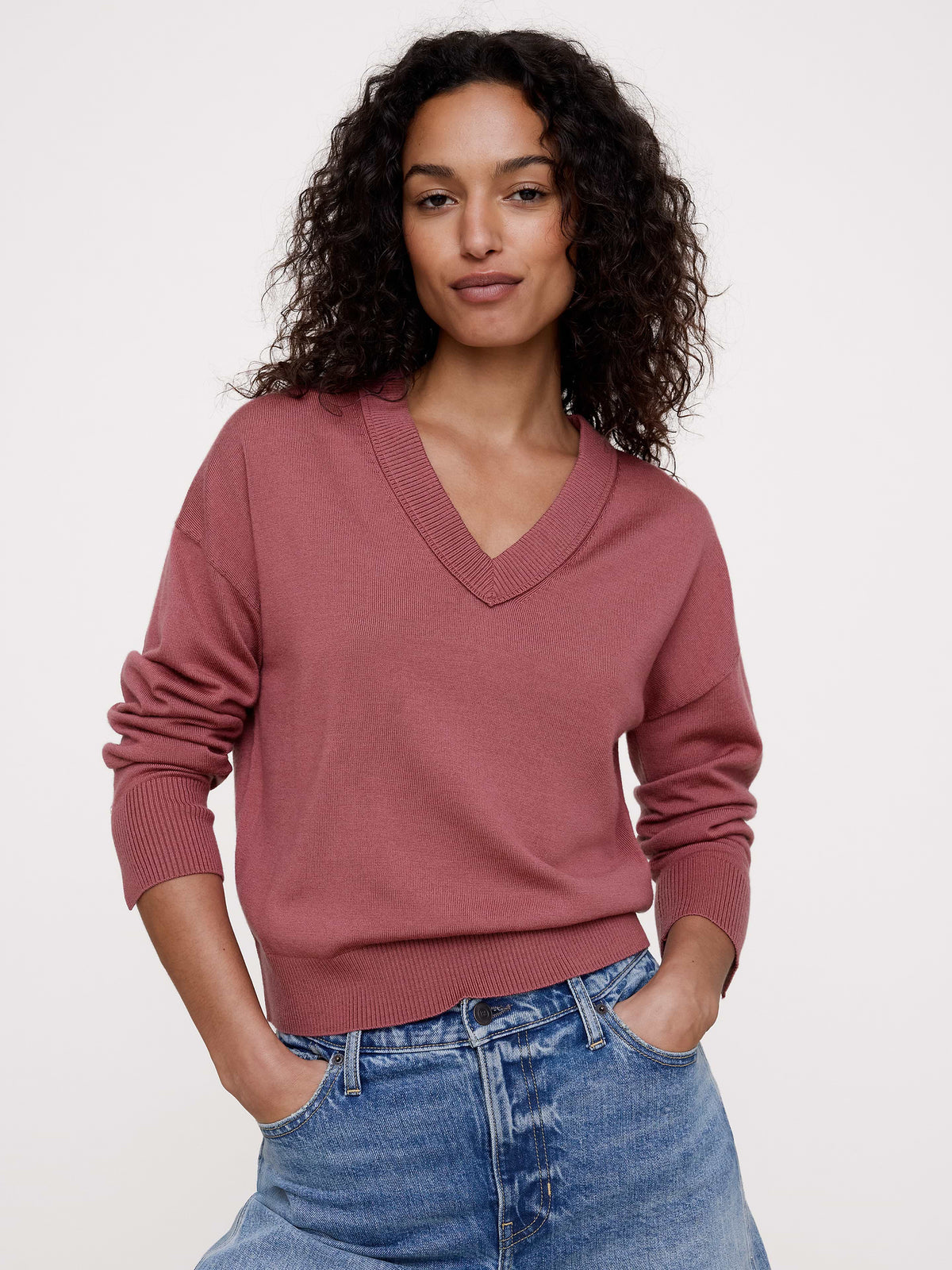 Merino V-Neck Sweater - Mauve Romance