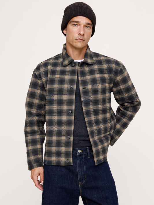 Relaxed-Fit Embroidered Cotton Quilted Flannel Overshirt - Navy Blue & Brown