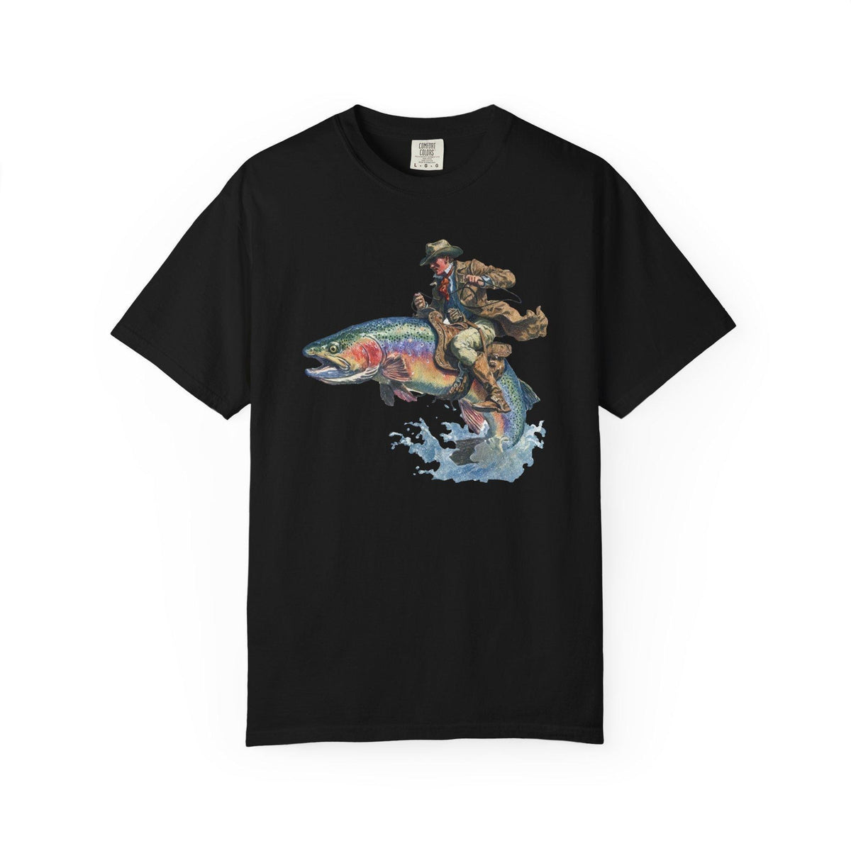 Black T-shirt with cowboy riding a rainbow trout above splashing water