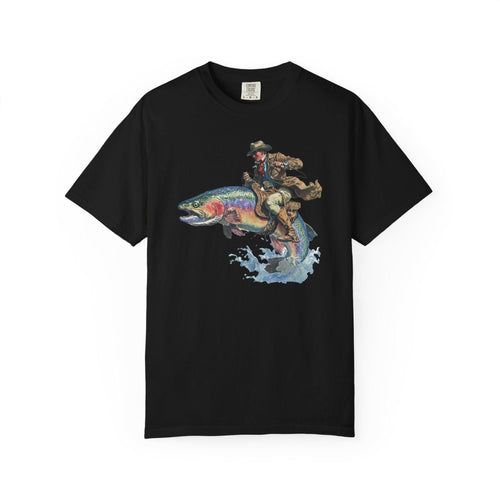 Black T-shirt with cowboy riding a rainbow trout above splashing water