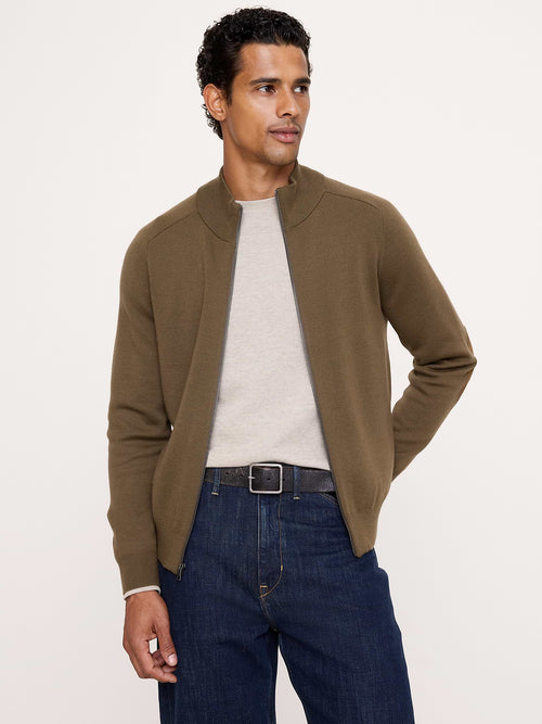 Double-Faced Merino Sweater Jacket with Suede Elbow Patches - Acorn Brown