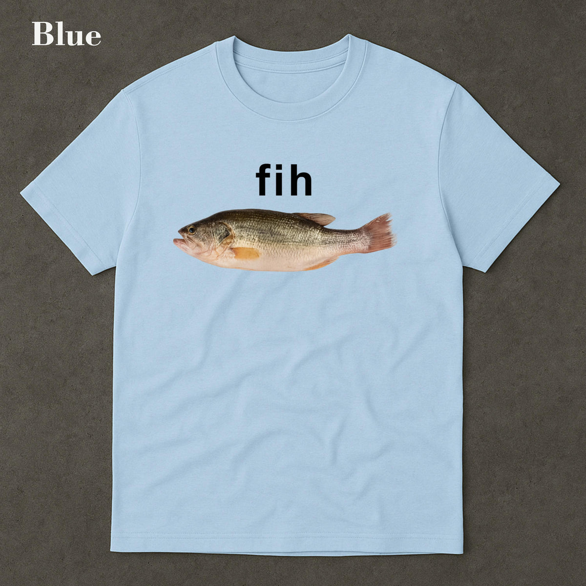Light blue T-shirt with a fish illustration and lowercase fih lettering