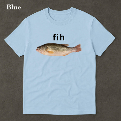 Light blue T-shirt with a fish illustration and lowercase fih lettering