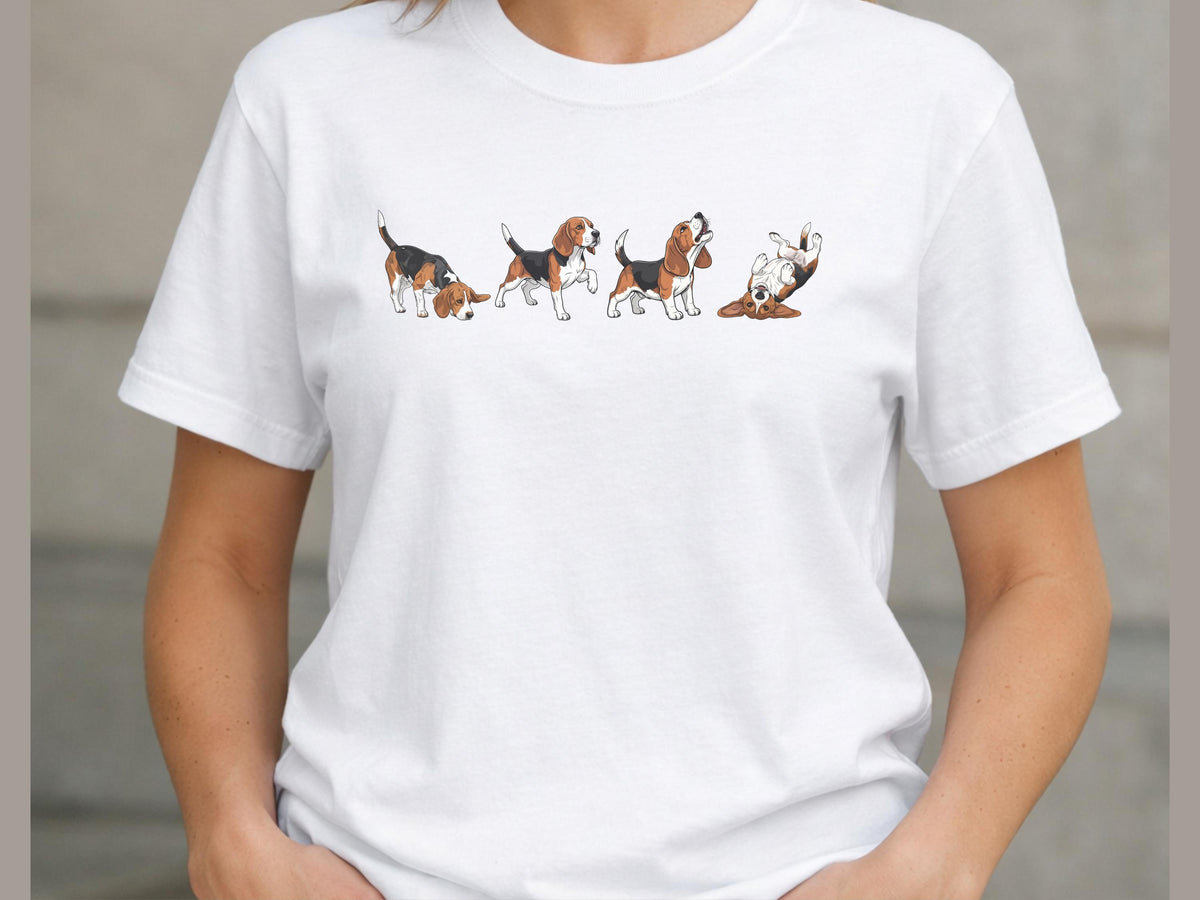 White T-shirt with four illustrated beagles in playful poses