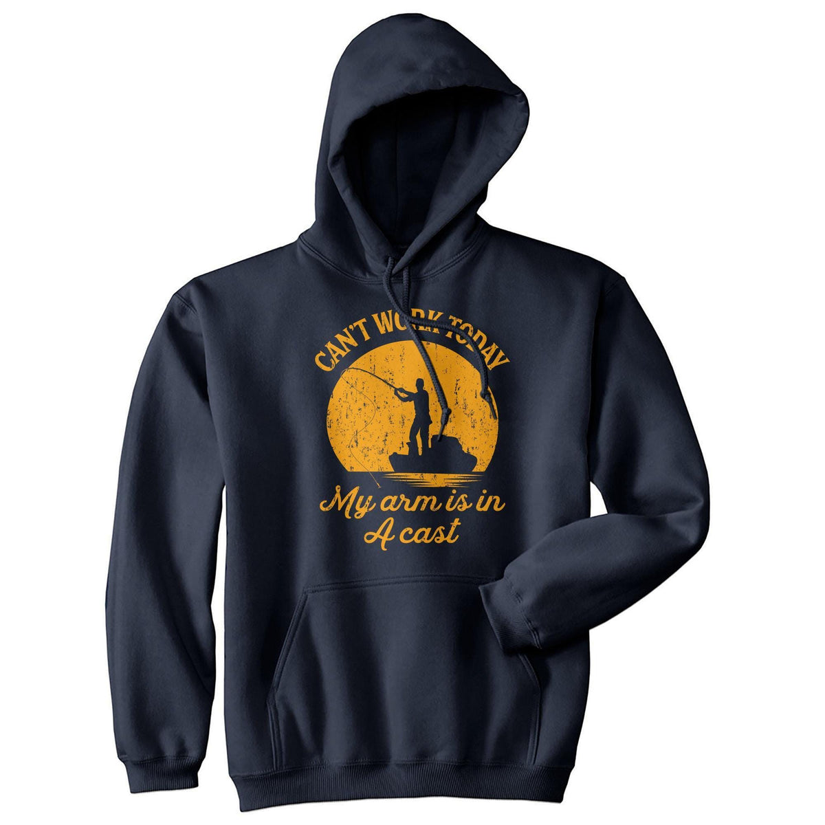 Navy hoodie with a fishing silhouette and My Arm Is in a Cast lettering