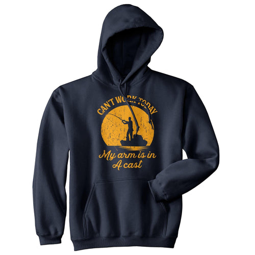 Navy hoodie with a fishing silhouette and My Arm Is in a Cast lettering
